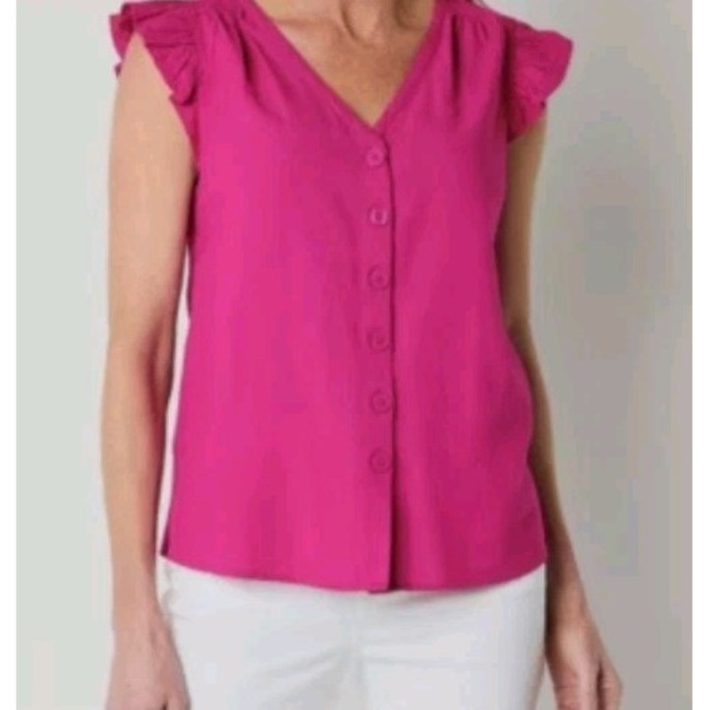 St. Johns Bay Magenta Pink Linen Blend Ruffle Sleeve Button Front Top 3X